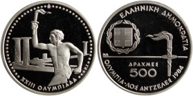GREECE: 500 Drachmas (1984) in silver (0,900) commemorating the XXIII Los Angeles Olympic Games. The coat of arms of the Hellenic Republic and torch o...