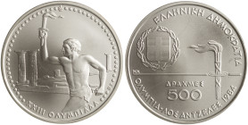 GREECE: 500 Drachmas (1984) in silver (0,900) commemorating the XXIII Los Angeles Olympic Games. The coat of arms of the Hellenic Republic and torch o...