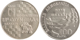 GREECE: 100 Drachmas (1988) in copper-nickel commemorating the 28th Chess Olympiad. Composition with chess table and inscription "28η ΟΛΥΜΠΙΑΔΑ ΣΚΑΚΙΟ...