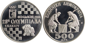 GREECE: 500 Drachmas (1988) in silver (0,900) commemorating the 28th Chess Olympiad. Composition with chess table and inscription "28η ΟΛΥΜΠΙΑΔΑ ΣΚΑΚΙ...
