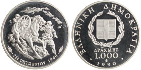 GREECE: 1000 Drachmas (1990) in silver (0,900) commemorating the 50th anniversary of October 28, 1940. Soldiers and horse with mountains on background...