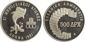 GREECE: 500 Drachmas (1991) in silver (0,900) commemorating the XI Mediterranean Games. Dolphin, logo of the Games and inscription "ΧΙ ΜΕΣΟΓΕΙΑΚΟΙ ΑΓΩ...
