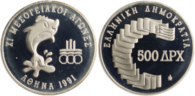 GREECE: 500 Drachmas (1991) in silver (0,900) commemorating the XI Mediterranean Games. Dolphin, logo of the Games and inscription "ΧΙ ΜΕΣΟΓΕΙΑΚΟΙ ΑΓΩ...