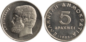 GREECE: 5 Drachmas (1992) (type Ia) in copper-nickel. Value and inscription "ΕΛΛΗΝΙΚΗ ΔΗΜΟΚΡΑΤΙΑ" on obverse. Head of Aristotle facing left on reverse...