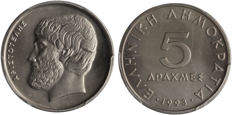GREECE: 5 Drachmas (1993) in copper-nickel. Value and inscription "ΕΛΛΗΝΙΚΗ ΔΗΜΟ...