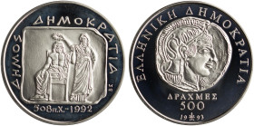 GREECE: 500 Drachmas (1993) in silver (0,925) commemorating the 2500 years of Democracy. Ancient presentation of elected person and inscription "ΔΗΜΟΚ...