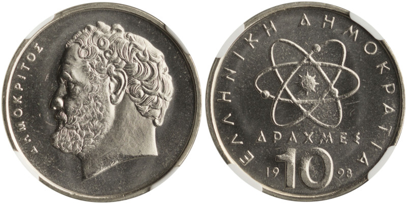 GREECE: 10 Drachmas (1998) (type Ia) in copper-nickel. Atom and inscription "ΕΛΛ...