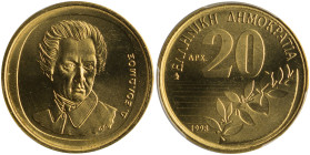 GREECE: 20 Drachmas (1998) (type II) in copper-aluminum. Value and inscription "ΕΛΛΗΝΙΚΗ ΔΗΜΟΚΡΑΤΙΑ" on obverse. Bust of Dionysios Solomos facing on r...