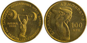 GREECE: 100 Drachmas (1999) (type V) in copper-aluminum commemorating the 70th Men & 13th Women World Weightlifting Championship. Athlete of weightlif...