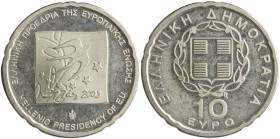GREECE: 10 Euro (2003) in silver (0,925) commemorating the Hellenic Presidency of the European Union. Without case and CoA. (Hellas CE.3). Proof.