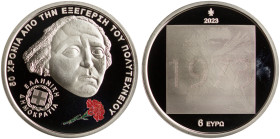 GREECE: 6 Euro (2023) in silver (0,925) commemorating 50 years from the Athens Polytechnik Uprising. Toppled statue head and red carnation on obverse....