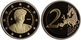 GREECE: 2 Euro (2024) in bi-metal commemorating the 150 years from the Birth of Penelope Delta. Inside its official case with CoA with no "1316". Proo...