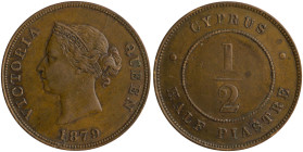 CYPRUS: 1/2 Piastre (1879) in bronze. Crowned head of Queen Victoria facing left on obverse. Denomination within circle on reverse. (KM 2) & (Fitikide...