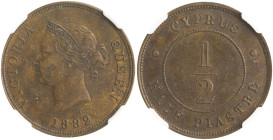 CYPRUS: 1/2 Piastre (1882 H) in bronze. Crowned head of Queen Victoria facing left on obverse. Denomination within circle on reverse. Mint: Heaton. In...