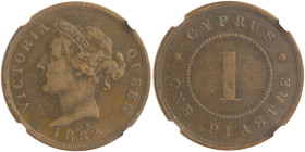 CYPRUS: 1 Piastre (1882 H) in bronze. Crowned head of Queen Victoria facing left on obverse. Thick "1" in denomination on reverse. Mint: Heaton. Insid...