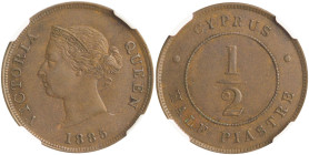 CYPRUS: 1/2 Piastre (1885) in bronze. Crowned head of Queen Victoria facing left on obverse. Denomination within circle on reverse. Inside slab by NGC...