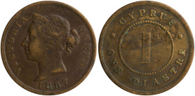 CYPRUS: 1 Piastre (1887) in bronze. Crowned head of Queen Victoria facing left on obverse. Thick "1" in denomination on reverse. (KM 3.2) & (Fitikides...