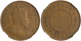 CYPRUS: 1 Piastre (1908) in bronze. Crowned bust of Edward VII facing right on obverse. Denomination within circle on reverse. Inside slab by NGC "AU ...