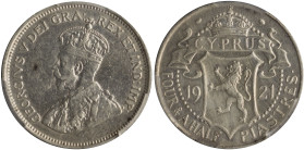CYPRUS: 4- 1/2 Piastres (1921) in silver (0,925). Crowned bust facing left on obverse. Crowned coat of arms divide date, denomination below on reverse...