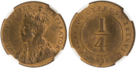 CYPRUS: 1/4 Piastre (1926) in bronze. Crowned bust of King George V facing left on obverse. Denomination within circle on reverse. Inside slab by NGC ...