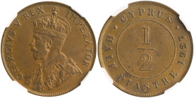 CYPRUS: 1/2 Piastre (1927) in bronze. Crowned bust of George V facing left on obverse. Denomination within circle, date at right on reverse. Inside sl...