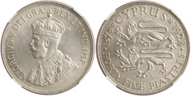 CYPRUS: 45 Piastres (1928) in silver (0,925) commemorating the 50th anniversary of British rule on the island. Crowned bust of King George V facing le...