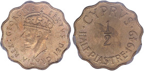 CYPRUS: 1/2 Piastre (1949) in bronze. Crowned head of King George VI facing left on obverse. Denomination and date on reverse. Inside slab by PCGS "MS...