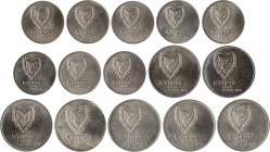 CYPRUS: Lot of 15 coins in copper-nickel, composed of 5x 500 Mils (1976), 7x 1 Pound (1976) & 3x 500 Mils (1977). Shielded arms within wreath on obver...
