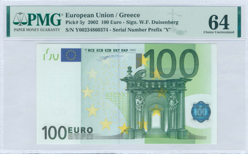 GREECE: 100 Euro (2002) in green and multicolor. Gate in baroque and rococo arch...