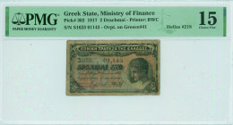 GREECE: 2 Drachmas (Law 991 of 1917 / ovpt on Hellas# 44) in black on blue and orange unpt. God Hermes at right and ovpt "ΝΟΜΟΣ 991 του 1917" on face....