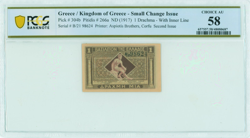 GREECE: 1 Drachma (ND 1922) in dark brown and brown. God Hermes seated at center...