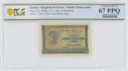 GREECE: 10 Drachmas (6.4.1940) in blue on light green and light brown unpt. Ancient coin with Goddess Demeter at left on face. S/N: "B43 312221". WMK:...