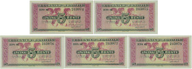 GREECE: Lot of 5x 5 Drachmas (18.6.1941) in red and black on pale yellow. Wall painting from Knossos at center on face. Consecutive S/Ns: "ΚΘ 243074 /...