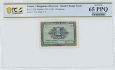 GREECE: 1 Drachma (9.11.1944) in blue on blue-green unpt. Value at center on face. Printed in Athens. Inside holder by PCGS "GEM UNC 65 PPQ". (Hellas ...