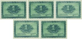 GREECE: Lot of 5x 1 Drachma (9.11.1944) in blue on blue-green unpt. Value at center on face. Printed in Athens. (Hellas 236) & (Pick 320). Uncirculate...