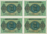 GREECE: Lot of 4x 20 Drachmas (9.11.1944) in blue on orange unpt. God Zeus at center on face. Printed in Athens. (Hellas 239) & (Pick 323). About Unci...