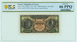 GREECE: 1000 Drachmas (10.7.1950) in brown on green and orange unpt. Ancient coins with Philip II at left and bird with snake at right on face. S/N: "...
