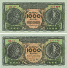 GREECE: Lot of 2 banknotes composed of 1000 Drachmas (10.7.1950) & 1000 Drachmas (1.1.1953) in brown on green and orange unpt. Ancient coins with Phil...
