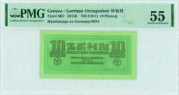 GREECE: 10 Reichpfennig (ND 1944) in light green. Eagle with small swastika in unpt at center on face. Wermacht notes of German armed forces handstamp...