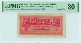 GREECE: 50 Reichspfennig (ND 1944) in dark red on orange unpt. Eagle with small swastika in unpt at center on face. Wermacht notes of German armed for...