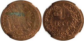 AUSTRIA: 1 Kreuzer (1861 A) in copper. Small eagle on obverse. Denomination and date within wreath on reverse. Inside slab by NGC "AU DETAILS / PRIVAT...