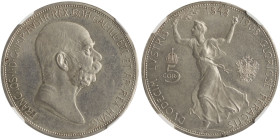AUSTRIA: 5 Corona (ND 1908) in silver (0,900) commemorating the 60th Anniversary of Reign. Head of Franz Joseph I facing right on obverse. Running fig...