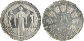 AUSTRIA: 25 Schilling (1955) in silver (0,800) commemorating the reopening of the National Theater in Vienna. Value within beaded circle surrounding b...