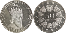 AUSTRIA: 50 Schilling (ND 1965) in silver (0,900) commemorating the 600th Anniversary of Vienna University. Value within circle of shields on obverse....