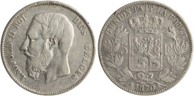 BELGIUM: 5 Francs (1870) in silver (0,900). Head of Leopold II facing left on obverse. Crowned coat of arms on ornate shield divide denomination, wrea...