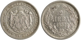 BULGARIA: 2 Leva (1882) in silver (0,835). Crowned and mantled coat of arms with supporters on obverse. Denomination within wreath on reverse. (KM 5) ...