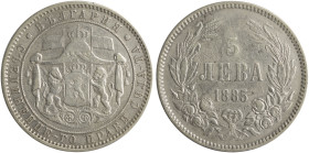 BULGARIA: 5 Leva (1885) in silver (0,900). Crowned and mantled arms with supporters on obverse. Denomination within wreath on reverse. (KM 7) & (Nikol...