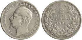 BULGARIA: 2 Leva (1894 KB) in silver (0,835). Head of Ferdinand I facing left on obverse. Denomination within wreath on reverse. (KM 17) & (Nikolov 18...