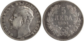 BULGARIA: 5 Leva (1894 KB) in silver (0,900). Head of Ferdinand I facing left on obverse. Denomination within wreath on reverse. Cleaned. (KM 18) & (N...