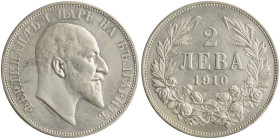 BULGARIA: 2 Leva (1910) in silver (0,835). Head of Ferdinand I facing right on obverse. Denomination above date within wreath on reverse. (KM 29) & (N...